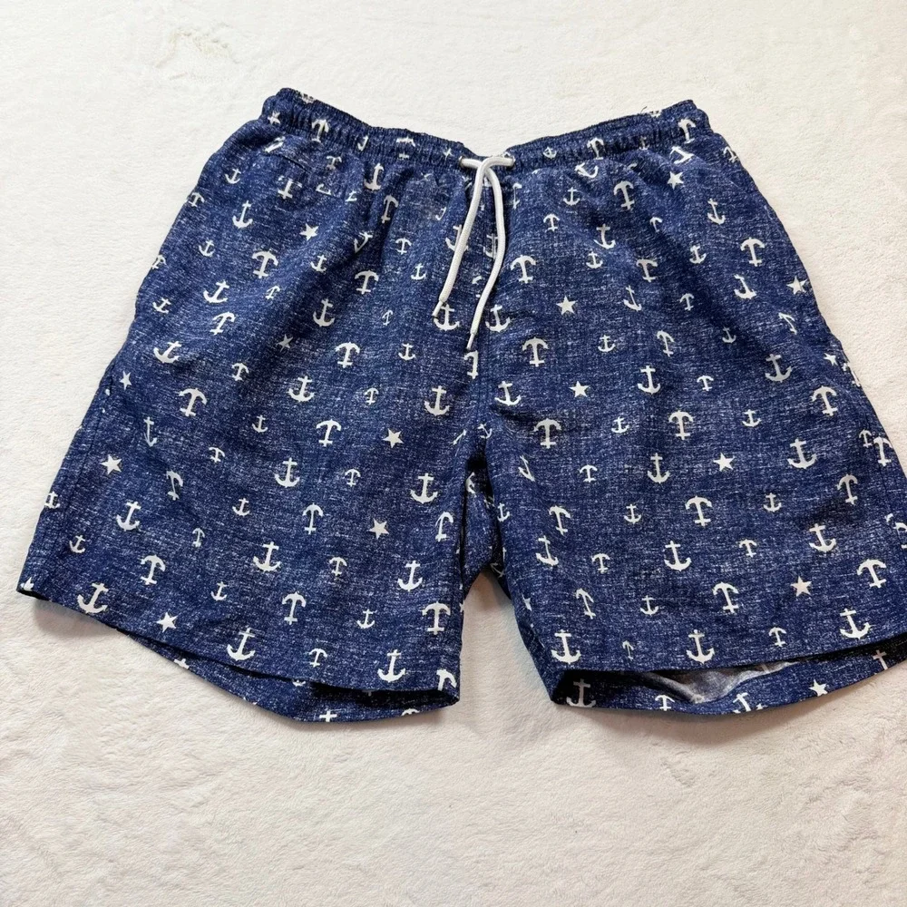 Trunks Surf & Swim Co Anchor Swim Trunks Men Large Blue Good Nautical Drawstring
